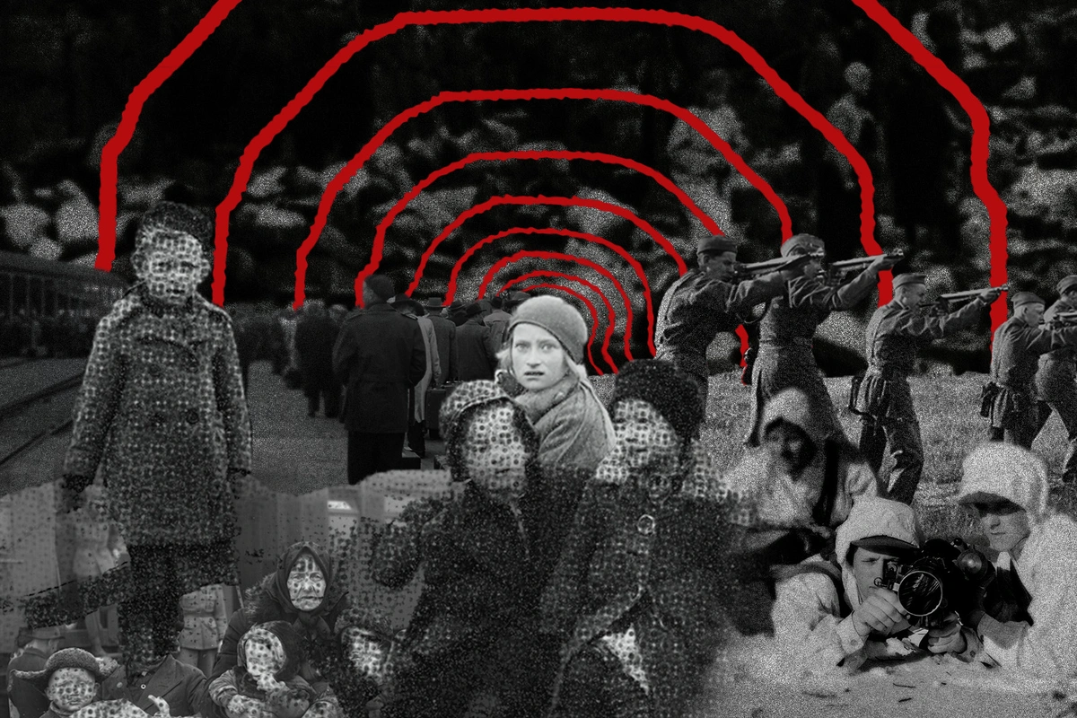 Kollage av flyktingar och soldater